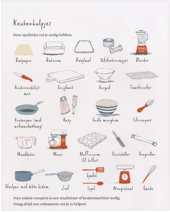 Illustraties van keukengerei zoals een blender, garde, maatbeker, mixer, oven, deegroller en weegschaal, met Nederlandse tekst.
