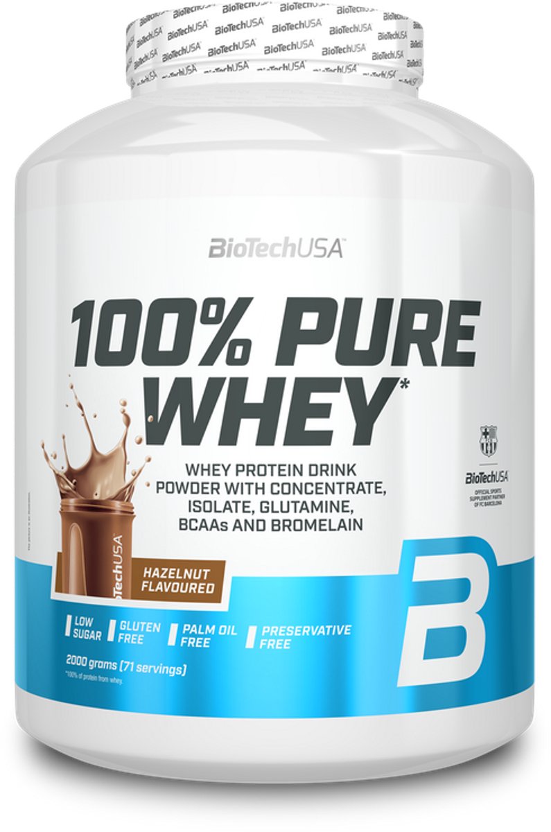 BioTechUSA 100% Pure Whey | Eiwitpoeder met BCAA en Glutamine | Glutenvrij, Palmolievrij | 21g Eiwit per portie, 2 kg, Hazelnoot