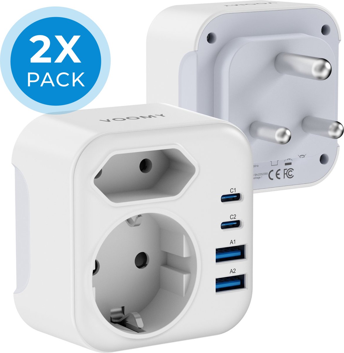 Voomy Reisstekker Zuid Afrika 2x Pack - Wereldstekker Type M - Geschikt voor Zuid-Afrika, India, Nepal, Maleisie, Namibie, Sri Lanka, Singapore - 2x Stopcontact - 2x Usb-C & 2x Usb-A - Wit