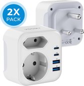 Voomy Reisstekker Zuid Afrika 2x Pack - Wereldstekker Type M - Geschikt voor Zuid-Afrika, India, Nepal, Maleisie, Namibie, Sri Lanka, Singapore - 2x Stopcontact - 2x Usb-C & 2x Usb-A - Wit