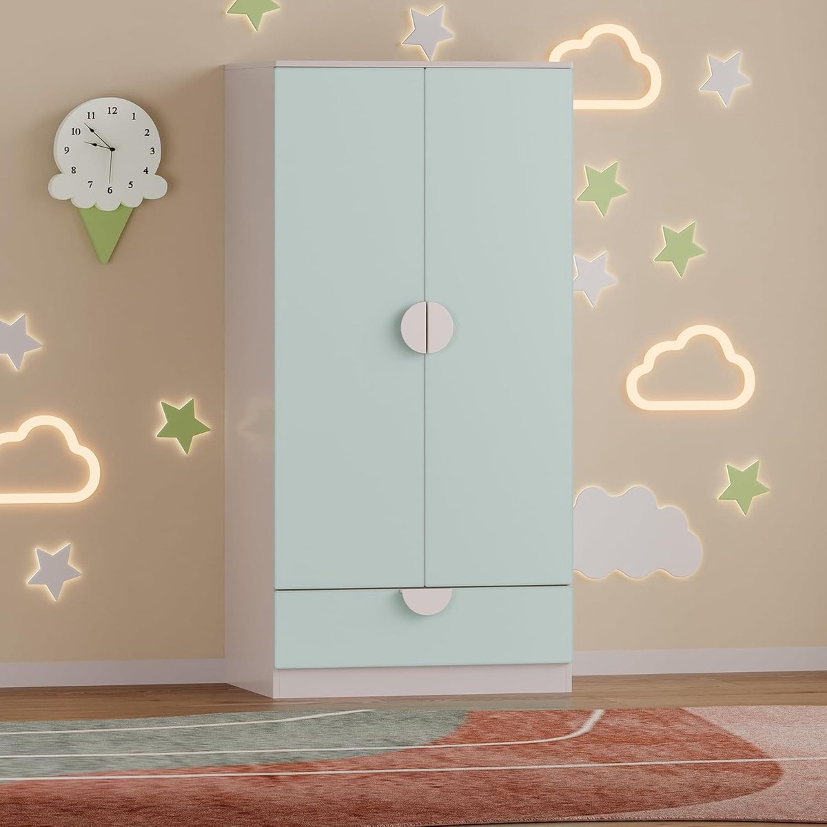 Kinderkledingkast 123 x 60 x 40 cm - Kast met 2 Deuren, Lade en Kledingroede, Compacte Garderobekast voor Kinderkamer, Wit met Mintgroen Design - Vermissen