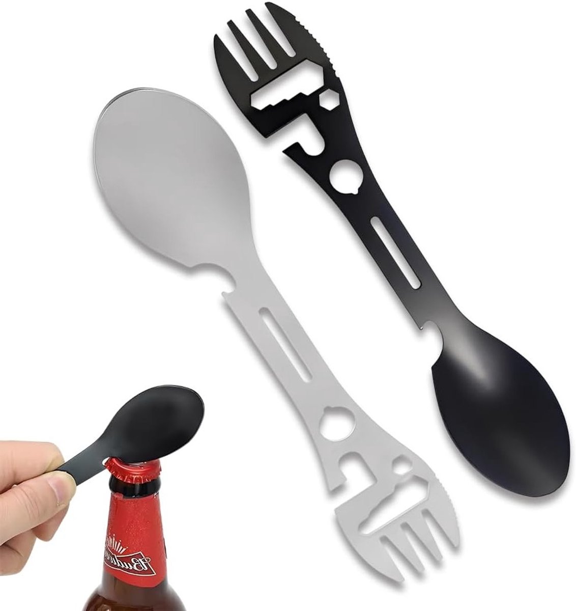 Multifunctionele Sporks Set voor Kamperen | Lichtgewicht Titanium Bestek voor Buitenactiviteiten | Zwart en Wit
