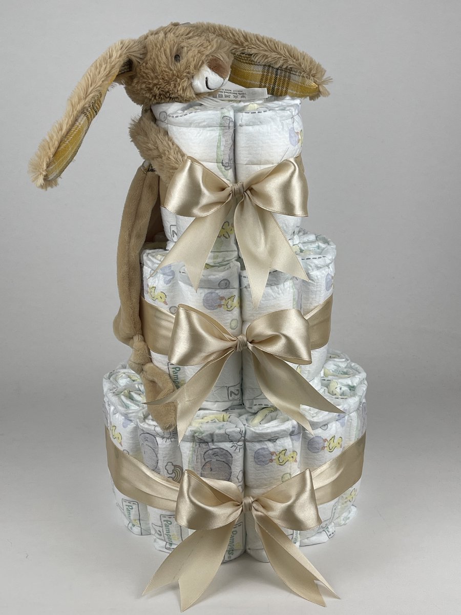 Chouette-Chouette | Luiertaart Neutraal | Kraamcadeau | Geboorte Jongen Meisje | Babyshower | Tuttle Konijn Riley Beige