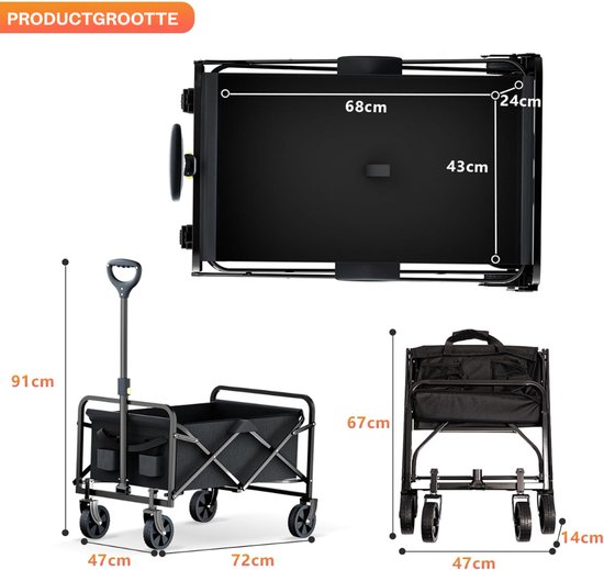 MIRA® Bolderkar Opvouwbaar Luchtbanden - Bolderkar Opvouwbaar - Bolderkar Kinderenvervoer - Zwart - 72cm x 92cm x 46cm; 5.3 kg van Merkloos — afbeelding 2