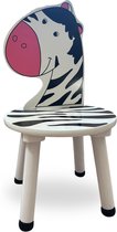 Wit kinderstoeltje met een zitzijde en rugleuning in zebraprint. Zwarte puntjes op de poten.