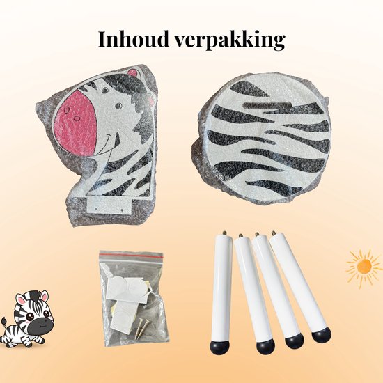 Inhoud verpakking kinderstoel Zebra: rugleuning, zitting, schroeven en 4 poten.
