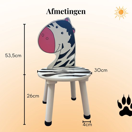 Afmetingen van kinderstoeltje Zebra. Hoogte 53,5cm, zithoogte 26cm, breedte 30cm.