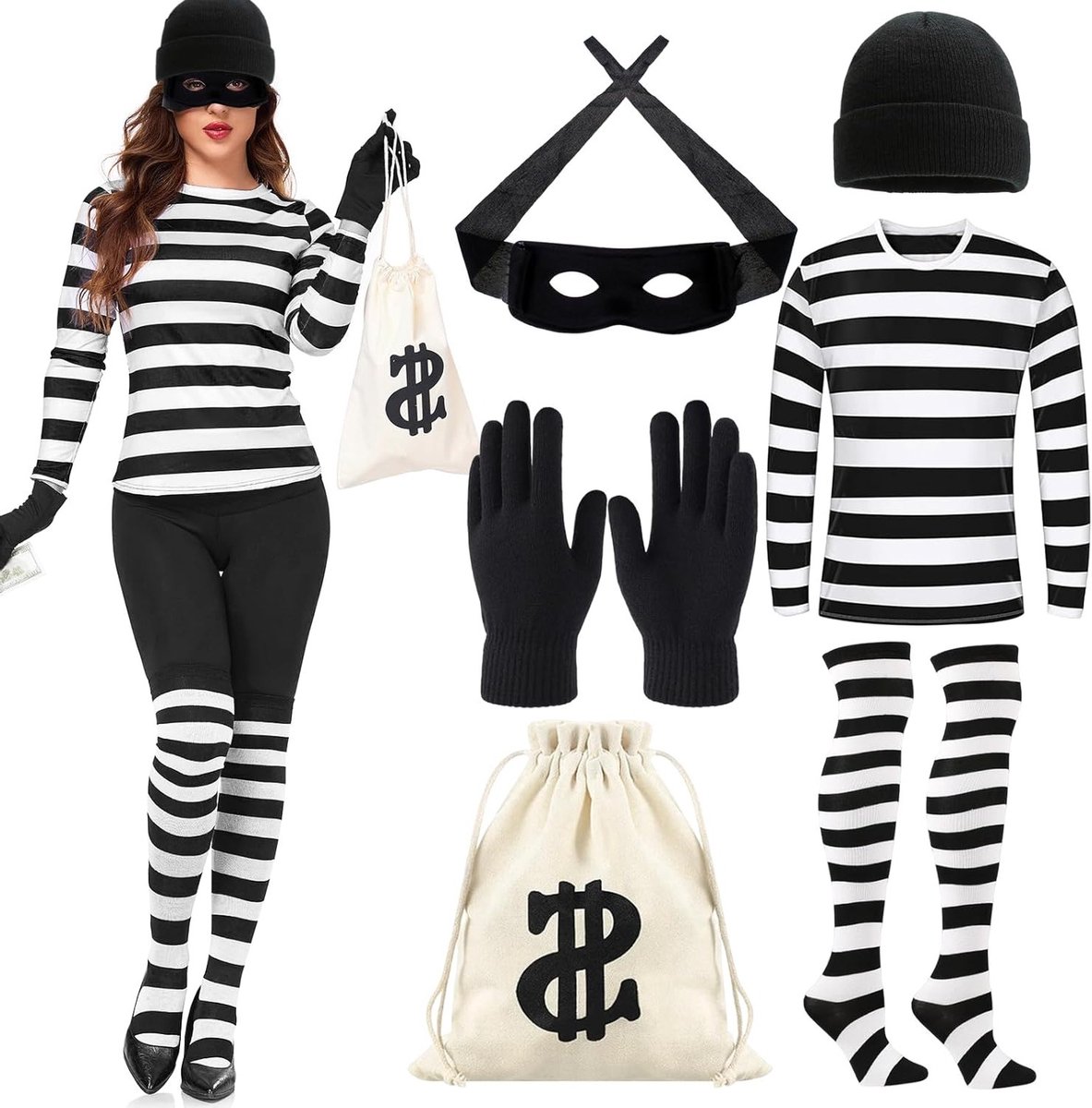 Dames kostuum voor dieven met hoed, shirt, masker, handschoenen en tas voor carnaval en themafeesten