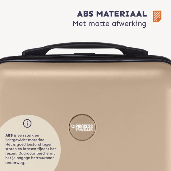 Mat beige koffer met een ronde 'Princess Traveller' logo.