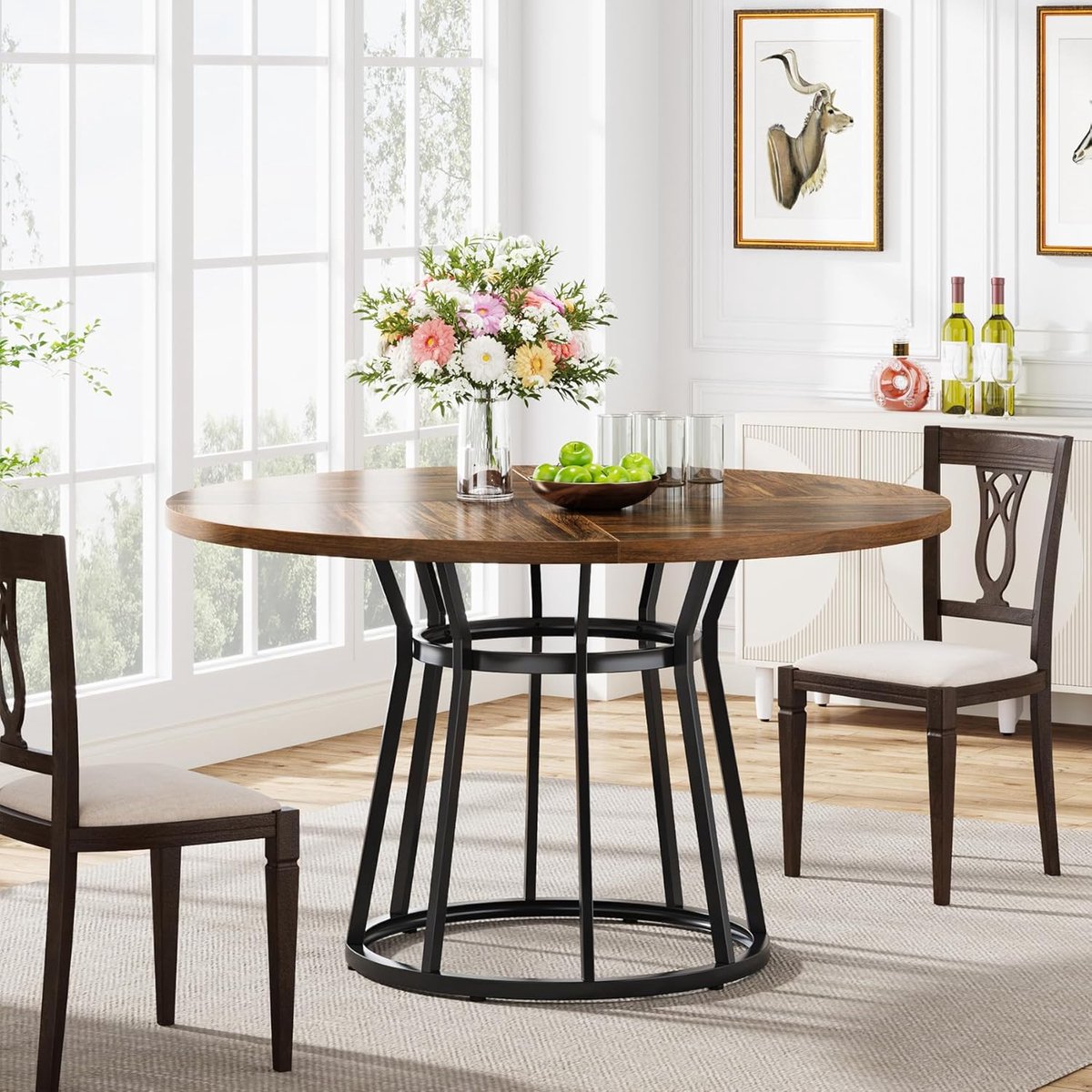 Ronde Eettafel 120 cm - Industriële Keukentafel voor 4 Personen - Warm Bruin Houtlook met Dubbel Cilindrisch Metalen Frame - 120x120x75 cm - Vermissen
