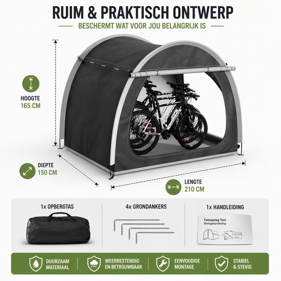 Fietstent Waterdicht 210x150x165 cm - Opvouwbare Fiets Opbergtent voor 2 Fietsen - UV-bestendig Oxford Doek - Draagbare Outdoor Opslag Tent van Merkloos — afbeelding 2