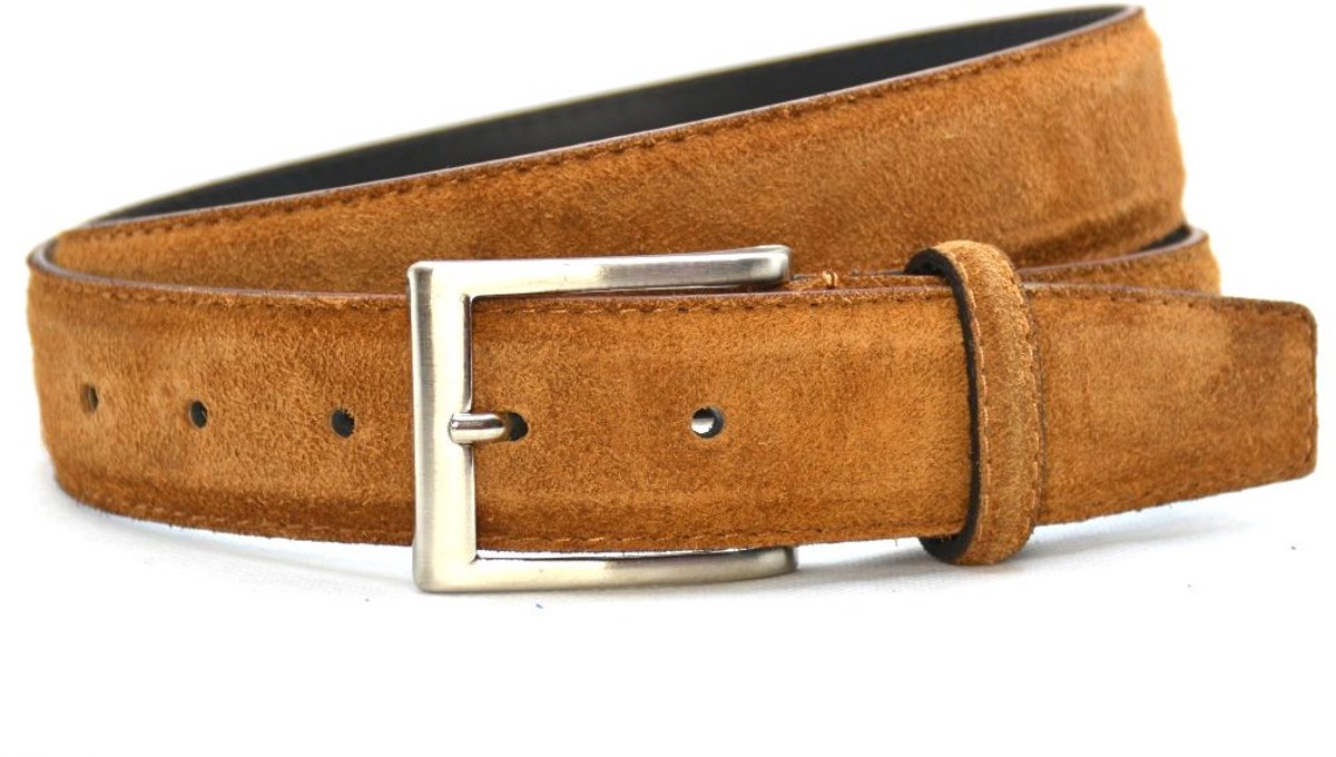 Suede Pantalon Riem Cognac - Heren riem - Jeans & Pantalon riem - Cognac suède riem - Riemmaat 105 cm - Totale lengte 120 cm
