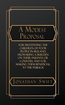 Boek "A Modest Proposal" van Jonathan Swift met een gouden art deco-rand.
