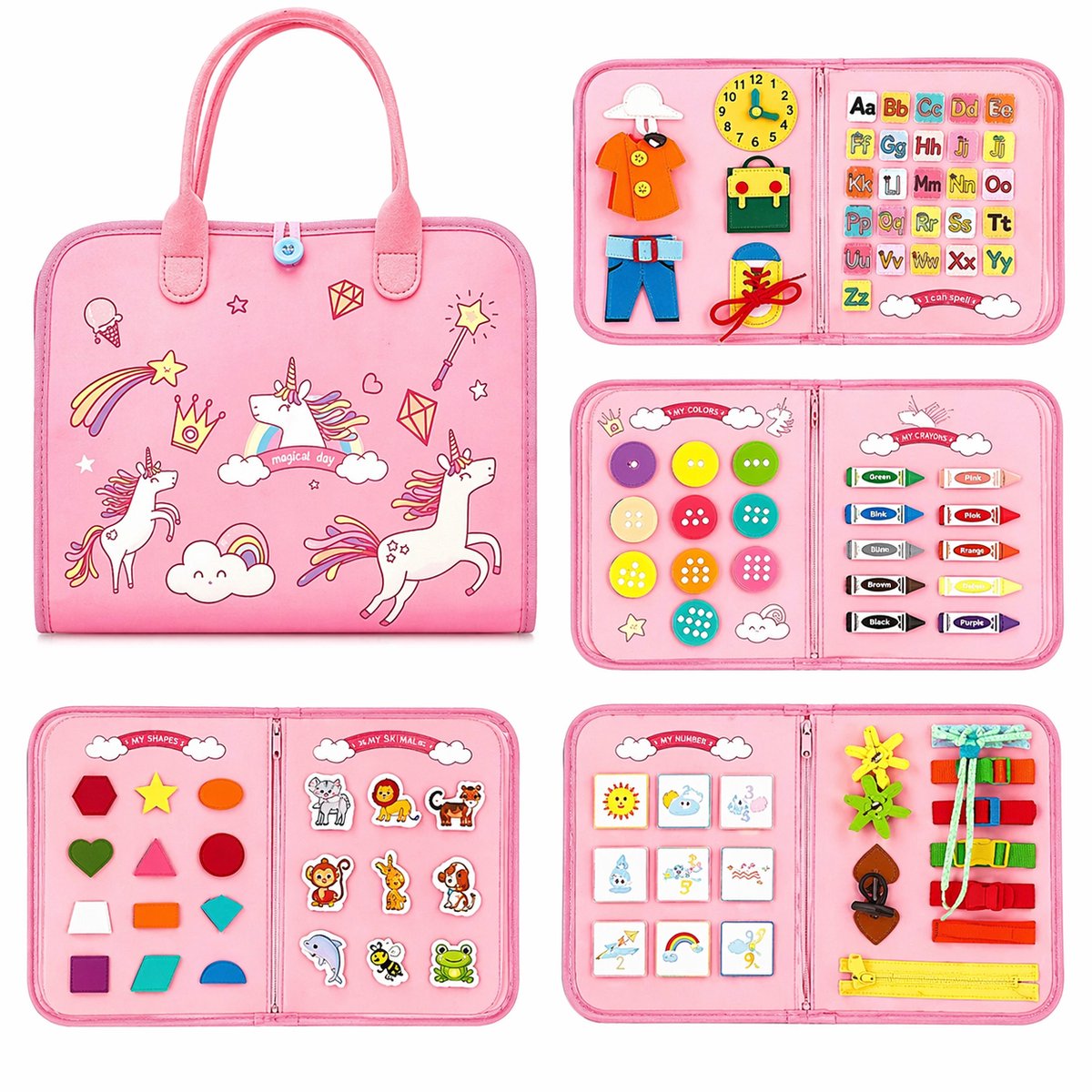 Busy Board - Montessori speelgoed - Activiteitenbord - Sensorisch speelgoed - Educatief speelgoed - Montessori activiteitenboek - Nederlands - Roze