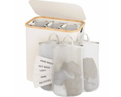 Wasmand 160L met Deksel & 3 Vakken – Slimme Was Sorteerder met Uitneembare Waszakken – Smalle Wasmand met Bamboe Frame – Wasbox voor Badkamer & Wasruimte