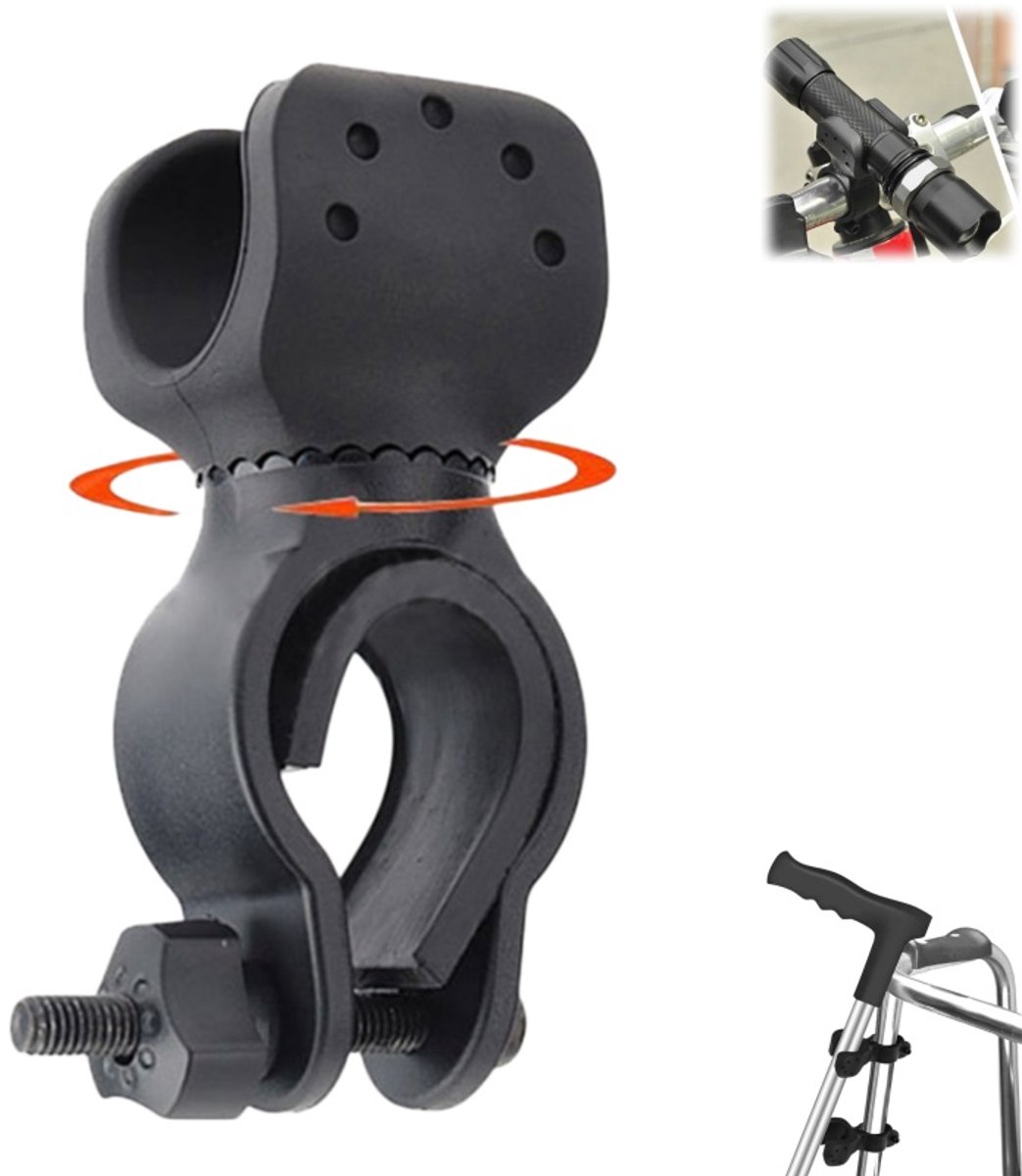 Fietslamphouder - lampclip - houder voor wandelstok - 360° draaibaar - fietsaccessoires - geschikt voor sturen van 2,5 cm - geschikt voor zaklampen van 2-2,6 cm - zwart - 9*4*3,5 cm