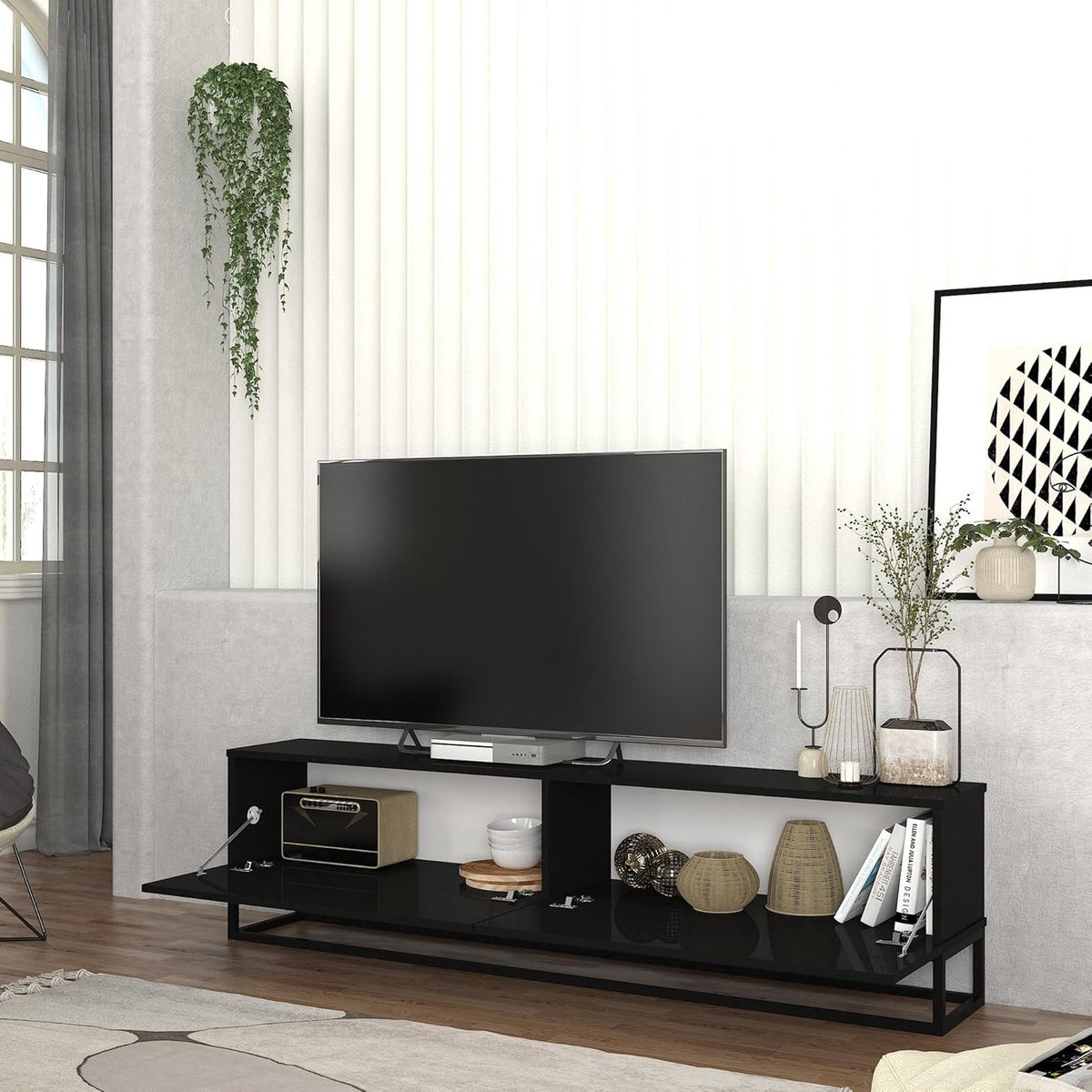 Modern Design TV-Meubel "Nolven Noir" – Strak Lowboard met 2 Soft-Close Klepdeuren en Indu