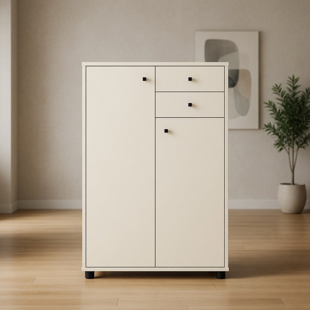 :Moderne Hoge Dressoir Kast 73,7 cm – Mobili Bella Kasjmier Beige Commode met 2 Deuren & 2 Laden – Opbergkast voor Slaapkamer, Woonkamer & Kantoor – Houtlook Design