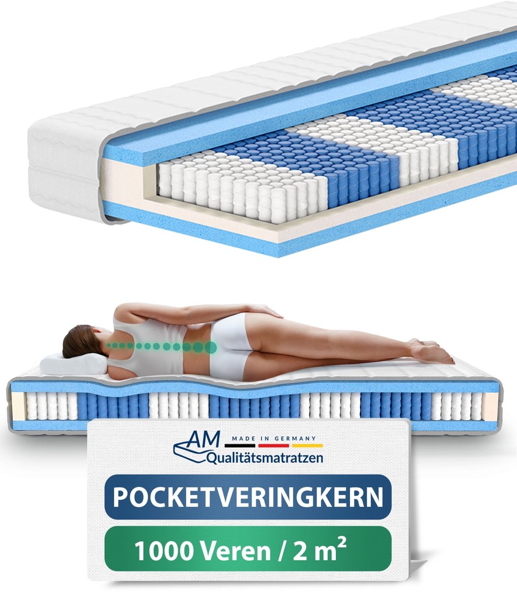 AM Qualitätsmatratzen - 1000 veren 7-zone pocketveringmatras 160x200 cm (H4) - Ergonomisch matras 160 x 200 met 1.000 veren - 24 cm Premium hoogte - Afneembare TENCEL Lyocell tijk - Made in Germany