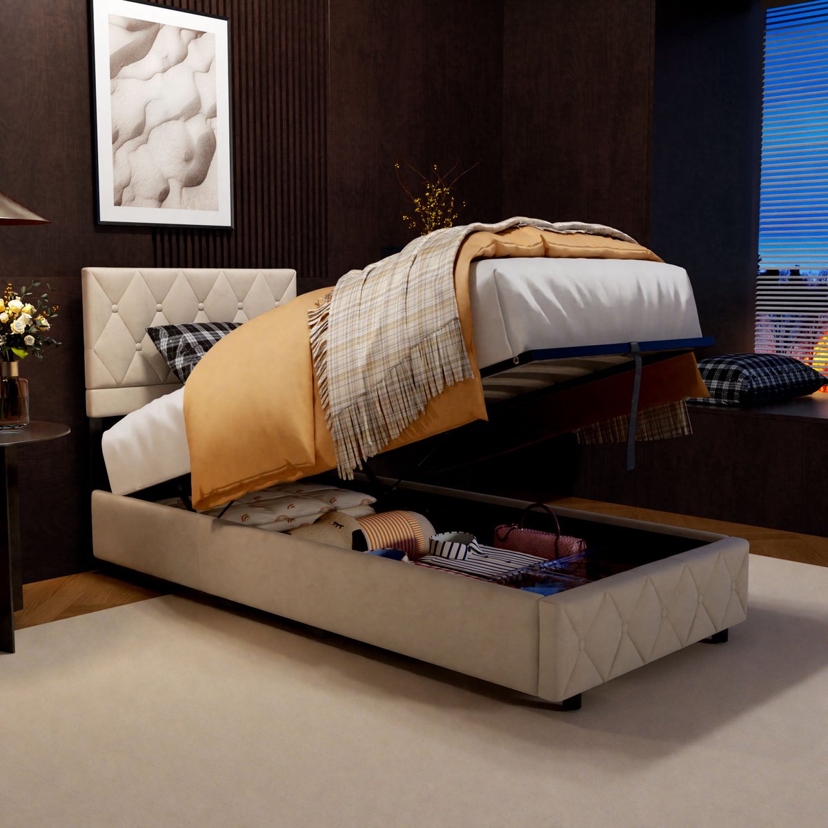 Wishdor Gestoffeerd Bed - Hydraulische Opbergruimte - Gecapitonneerd Velvet - Beige - 90x200 cm