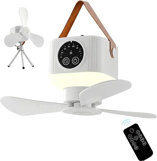 Draagbare campingventilator met licht, oplaadbare 7200mAh batterij, afstandsbediening, 360° verstelbaar, voor tent en camper