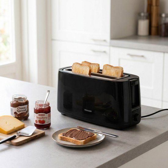Grille-pain noir pour 4 personnes avec quatre tranches de pain grillé. À côté d'un pot de pâte à tartiner au chocolat, de confiture et de fromage.