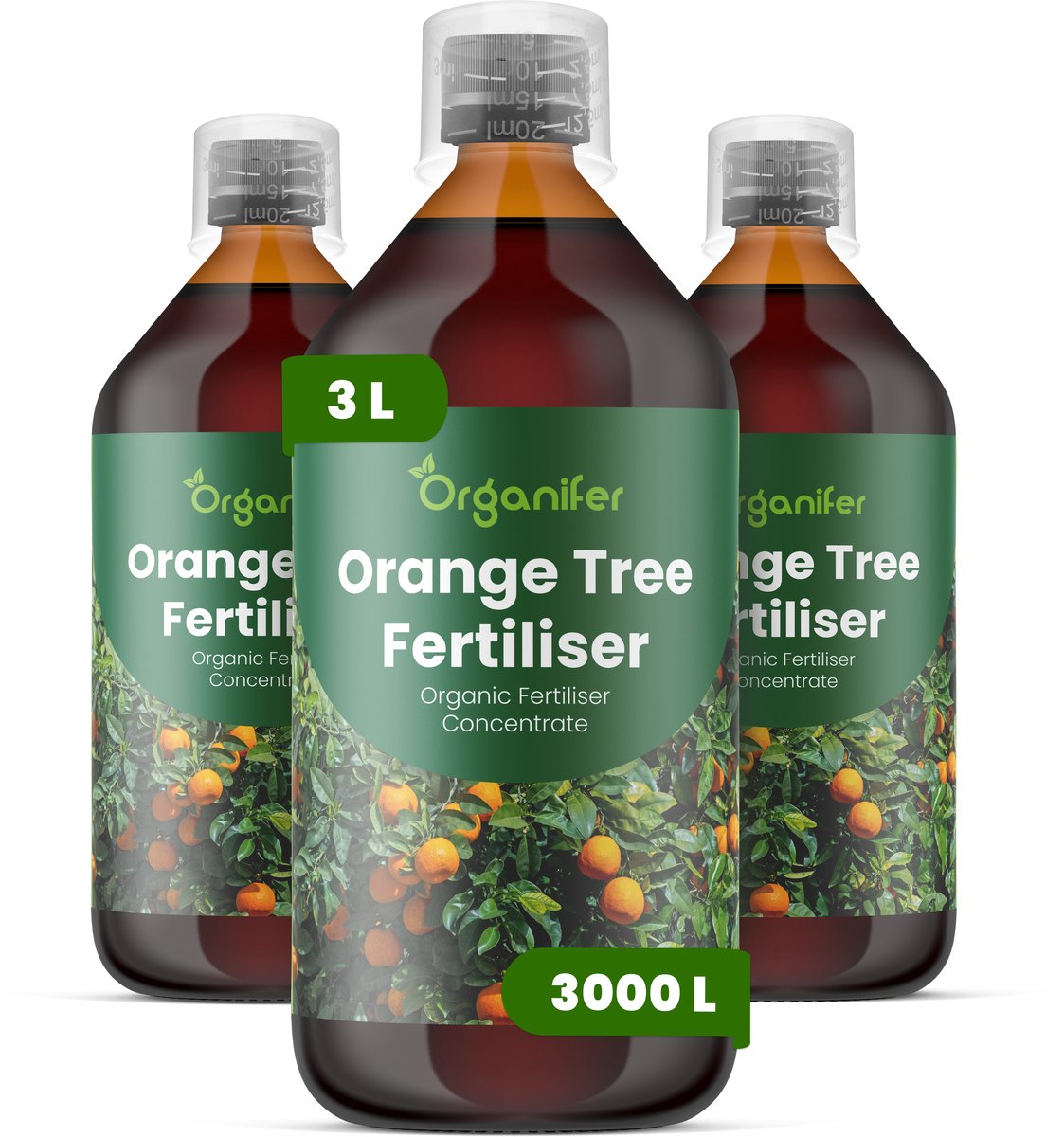 Vloeibare Meststof Voor Sinaasappelboom 3X1 L Voor 3000 L - Ondersteunt Krachtige Groei En De Ontwikkeling Van Dicht Bladerdek - Verhoogt De Bloei-Intensiteit - Vruchtzetting - Bevordert Een Sterke Bladstructuur En Diepgroene Kleur - Organifer