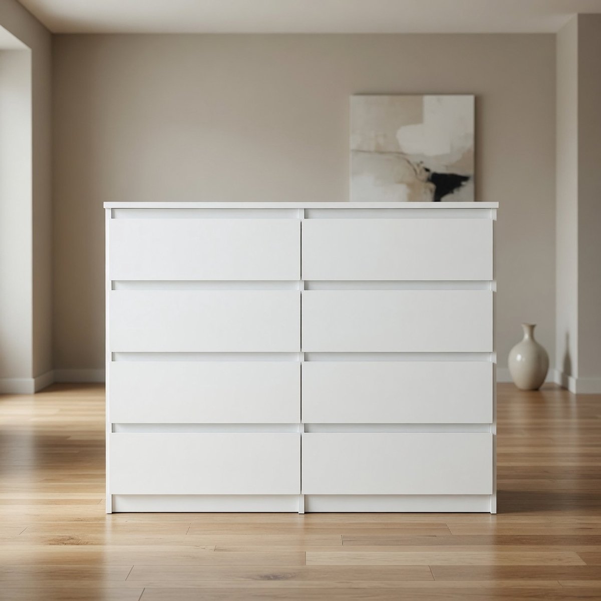 Moderne 8-Laden Dressoir Kast 120 cm – Mobili Bella Commodekast Wit – Grote Ladekast voor Woonkamer, Slaapkamer & Hal – 120x101,5x39 cm – Tijdloos Design Opbergkast