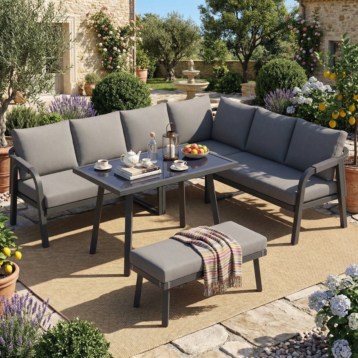 Gutent Dining Loungesets - Tot 8 Personen - Gevlochten Armleuningen - Verzinkt Staal - Incl Hoekbank Eettafel en Bank - Grijs