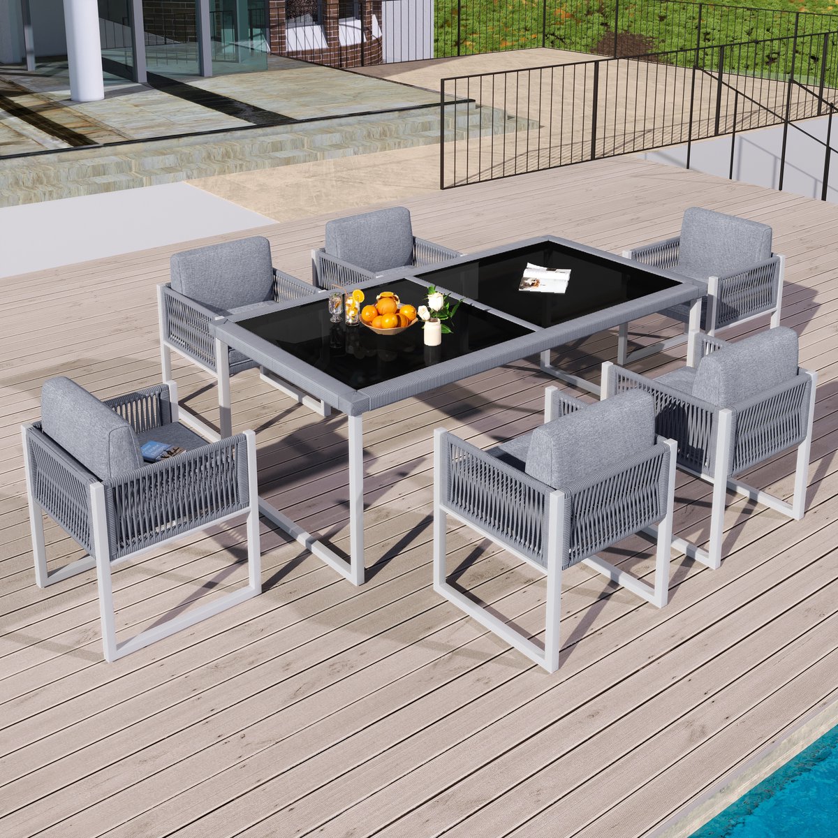 Gutent Dining Loungesets - Touw Eetgroep - 6 Personen - Tuinset - Incl Afneembare Hoezen - Grijs Wit