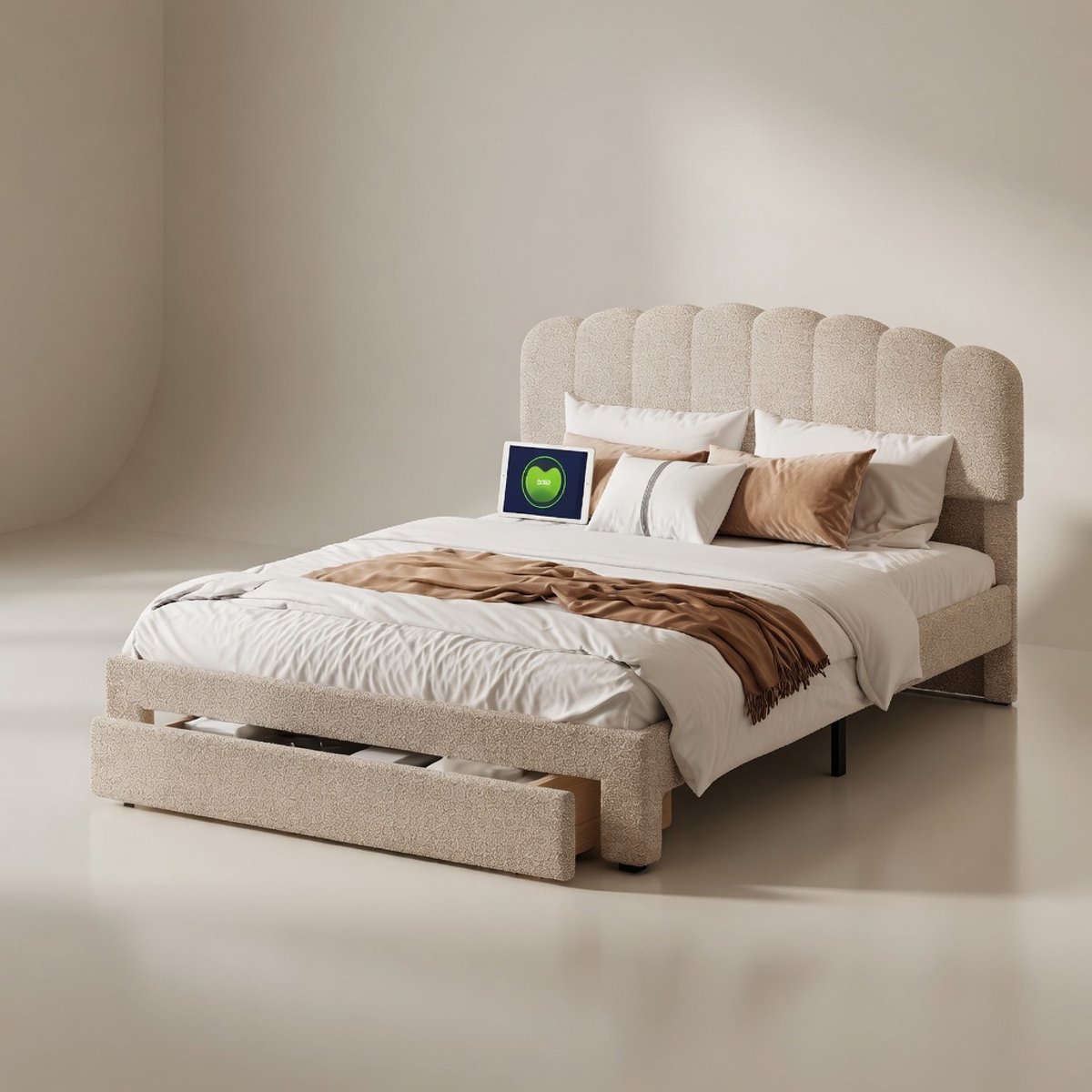 Mobili Bella TeddyLux Opbergbed 140x200 cm met USB en Lade – Gestoffeerd Teddy Bed met Hoofdbord, Oplaadstation en Lattenbodem – Modern Tweepersoonsbed met Opbergruimte – Beige