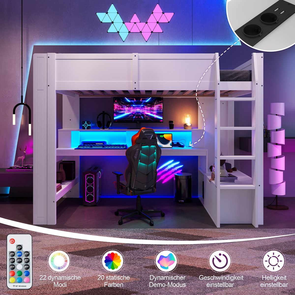 Merax Hoogslaper - 90x200 cm - speelbed met bureau met LED-verlichting - bureau - lades - planken - zonder matras - wit