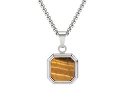 Tijgeroog Heren Ketting Vierkant – Geometrisch Design – Natuursteen Hanger – Stijlvolle en Duurzame Ketting voor Dagelijks Gebruik – Cadeau voor Mannen