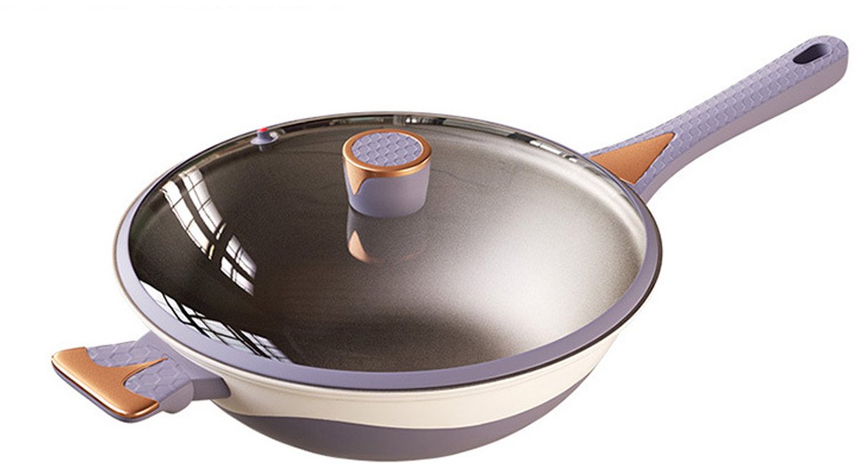 Killogood Antiaanbak wokpan - 34 cm wokpan met lichte overdruk - inclusief deksel - huiselijke wokpan - geschikt voor stomen - koken - bakken en roerbakken - Keukengerei geschikt voor alle fornuistypen