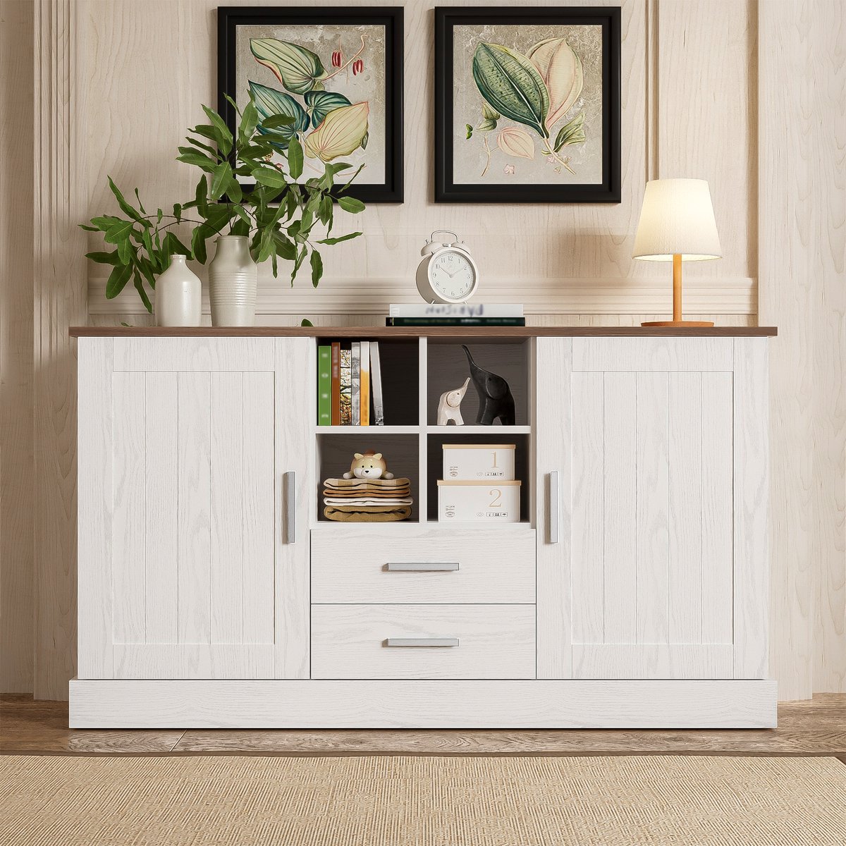 BLACKCOLORS Dressoir 140 x 40 x 79,5 cm, witte en bruine houtnerf - 2 deuren, 2 lades