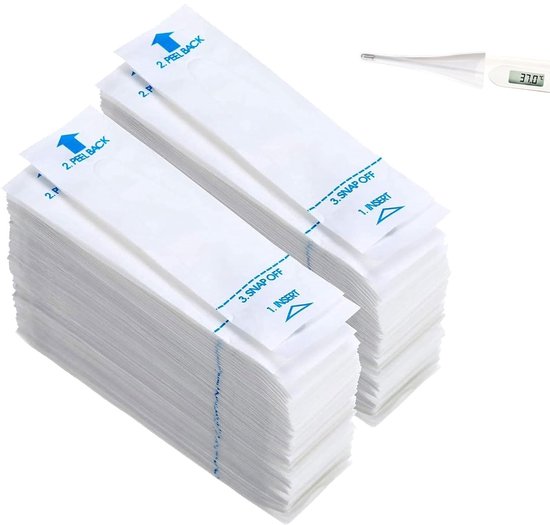 Twee stapels witte, individueel verpakte thermometerhoezen met blauwe pijlen en instructies.