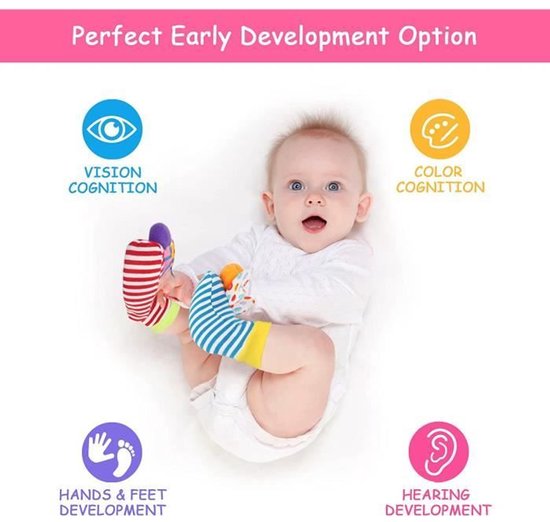 Een vierdelige rammelaarset, geschikt als educatief speelgoed voor baby's van 0-12 maanden, inclusief een babyarmbandje en sokjes. — afbeelding 4