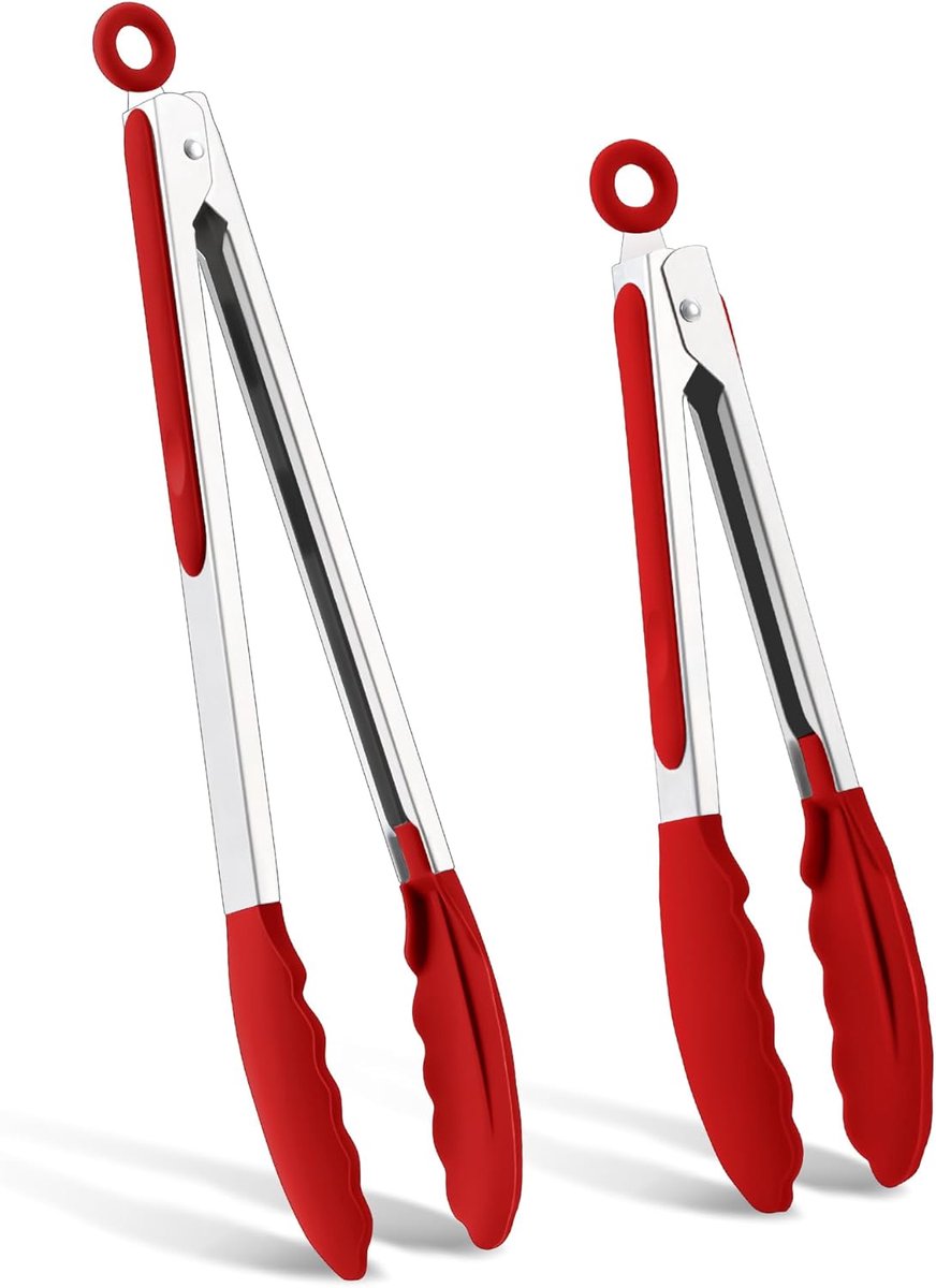 Grilltang, 2 stuks, roestvrij staal, keukentang, set van 2 stuks, 34 cm en 26 cm, pastamtang met antislip siliconen punten en handgreep, hittebestendige vleestang voor barbecue, koken, bakken