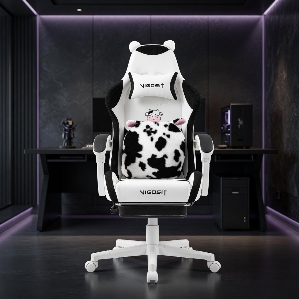 Kawaii Gamingstoel met Kattenoren en Voetensteun – Ergonomische Bureaustoel voor Meisjes & Tieners met Lendensteun, Verstelbare Hoogte en Zachte Bekleding (Zwart/Wit) – Mobili Bella