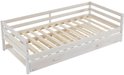 Wit houten bedframe met twee lades en lattenbodem.