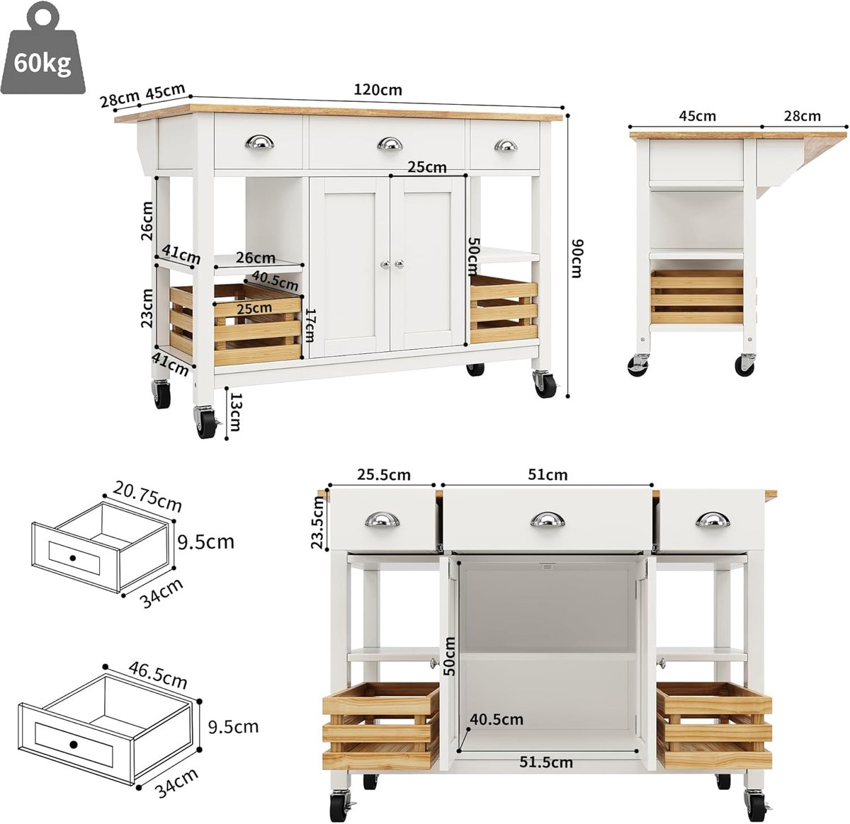 Keukeneiland op Wielen – ABTKantoor Multifunctionele Keukenkast met Uitschuifbare Zijkanten, Opbergbakken en Verstelbare Planken – 120 cm – Wit