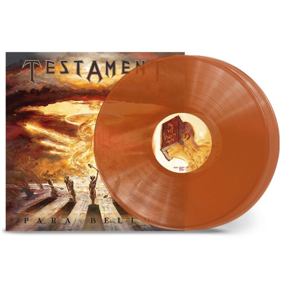 Testament Para Bellum oranje vinyl LP. Artwork met apocalyptisch landschap en figuren.