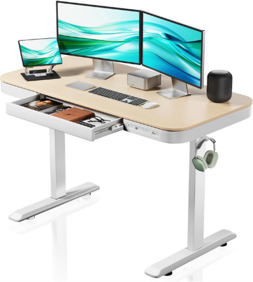 Wiltec In Hoogte Verstelbaar Elektrisch Bureau - Zit Sta Bureau Met 1 Motor - Geheugenfunctie - Laadstation - Botsbeveiliging - 118x60 cm beige, wit