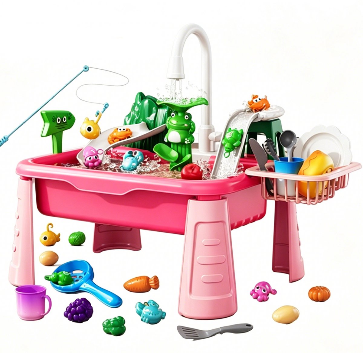 2-in-1 elektrische keukenwasser speelgoed - voor peuters van 3-8 jaar - Multifunctionele watertafel met stromend water en waterpomp - Vismetspel, keukenrollenspel, met accessoires voor eten en servies, verjaardagscadeau voor jongens en meisjes - geel