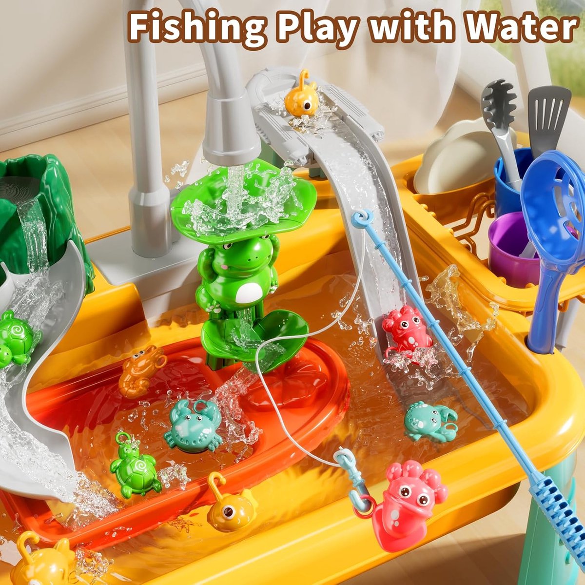 2-in-1 elektrische keukenwasser speelgoed - voor peuters van 3-8 jaar - Multifunctionele watertafel met stromend water en waterpomp - Vismetspel, keukenrollenspel, met accessoires voor eten en servies, verjaardagscadeau voor jongens en meisjes - geel — afbeelding 7