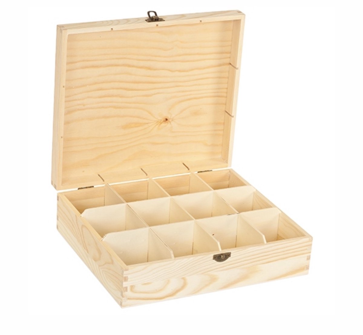 Luxe Grenen Theedoos 12 Vaks – Houten Theekist met Deksel & Sluiting – Thee Organizer – Bewaardoos Theezakjes – Cadeau