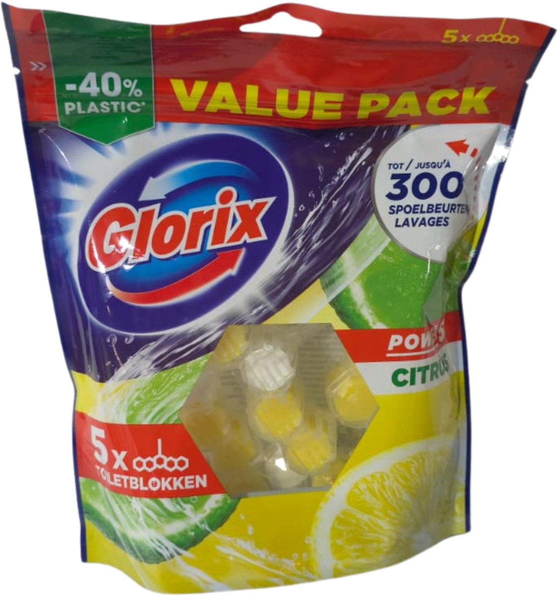 Glorix Power 5 Toiletblok - Citrus - in een hersluitbare en geurbehoudende verpakking met 40% minder plastic*
