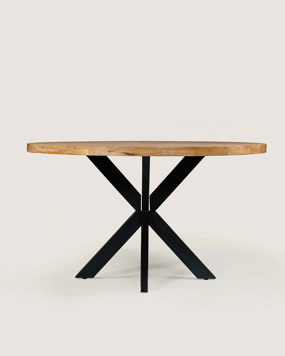 Ronde Eettafel 120 cm Mangohout – Zwart Metalen Matrix Onderstel – Industrieel – 4-5 Personen
