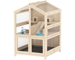 Hamsterkooi - Cavia kooi - Rattenkooi - Huisje - 2 Niveaus - Verwijderbare Lade - Met Voederstation - Zaag - Loopplank - Hutten - Hangbrug - 68L x 61,5B x 90H cm - Vurenhout