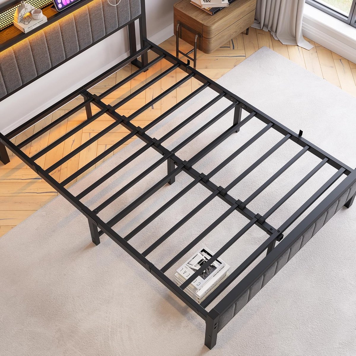 Modern Industrieel Platformbed met LED-Verlichting en Geïntegreerd Oplaadstation – Metalen Bedframe 120x200 cm inclusief Gestoffeerd Hoofdbord en Opbergruimte – Grijs